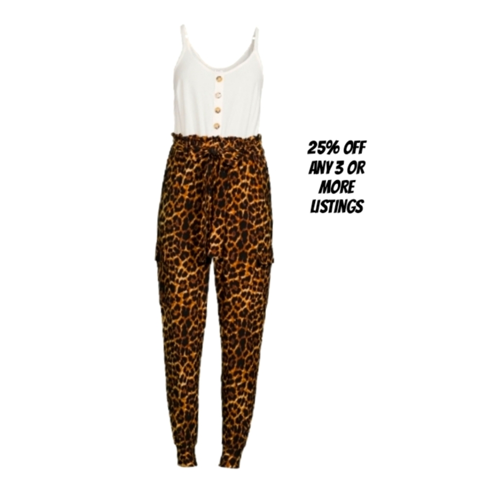 XL Paperbag Jumpsuit Romper Cheetah Leopard Animal Graphic Print Pockets Tank